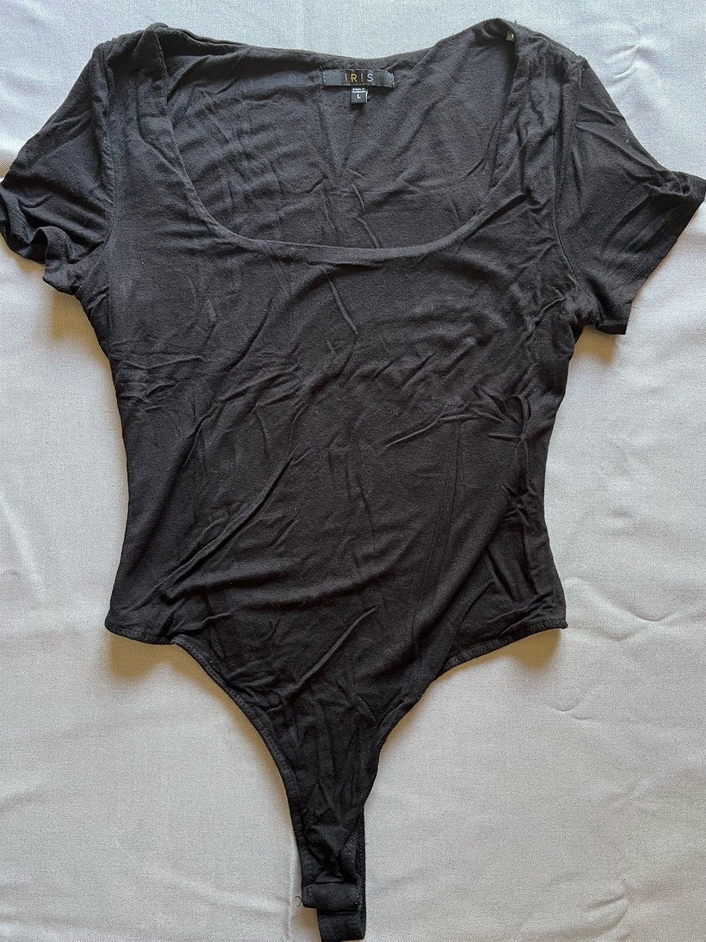 iris Black Scoop Neck Short Sleeve Bodysuit with Snap Closure